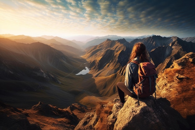 Photo female backpacker enjoying the view on the edge of a mountain peak cliff