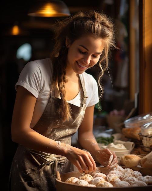 Female Baker in Apron and Bakery outfit making Pastries with Smile and Love for Baking in Kitchen