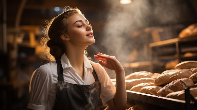 Female baker smelling fresh bread