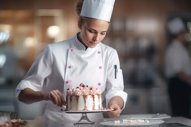 Female bakery chef is preparing delicious cake in interior of modern kitchen