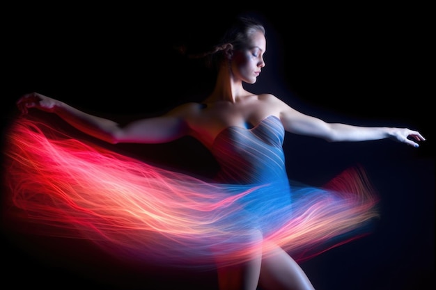 Foto ballerina con scie di luce rossa e blu in motion blur ai generativo aig27