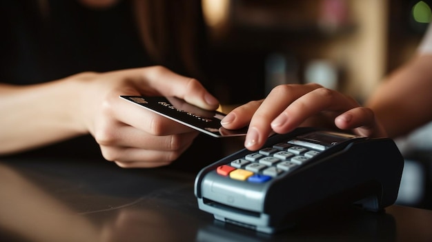 Female barista in grey tshirt holding payment terminal Generative AI