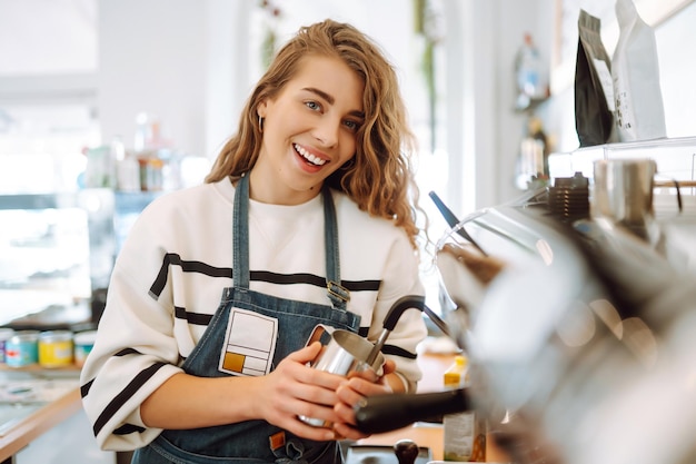 Female barista making coffee in a coffee machine Conception of business and service Takeaway food