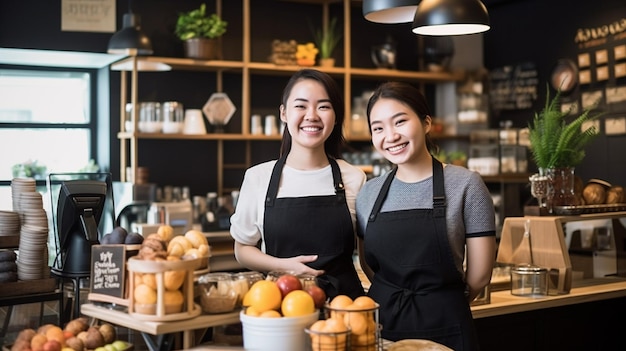 Female barista with a 20 year old customer happy talk in the coffee shop with Generative AI