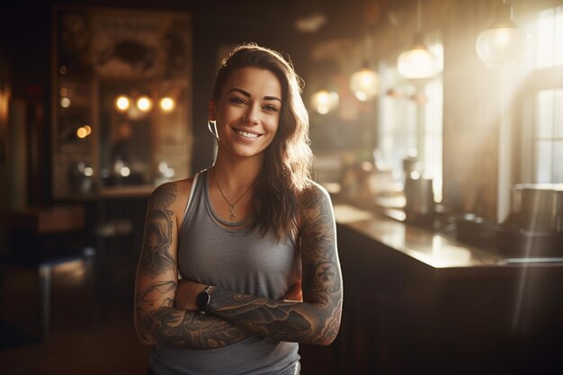 female barista with tattoo standing in front of coffee shop