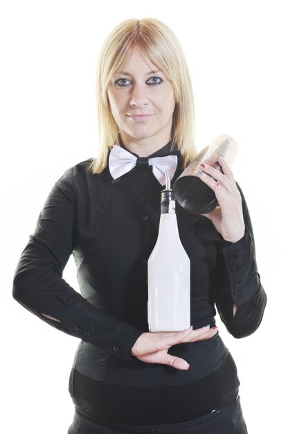 female bartender making coctail alcohol drink isolated on white background in studio