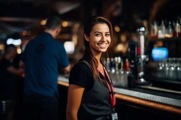 Женщины-бармены демонстрируют уверенность и готовность с веселыми улыбками.