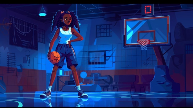 Photo a female basketball player poses at night with the ball in hand and her arm akimbo in a dark gymnasium sports arena cartoon sportswoman character in a dark high school or college gym modern