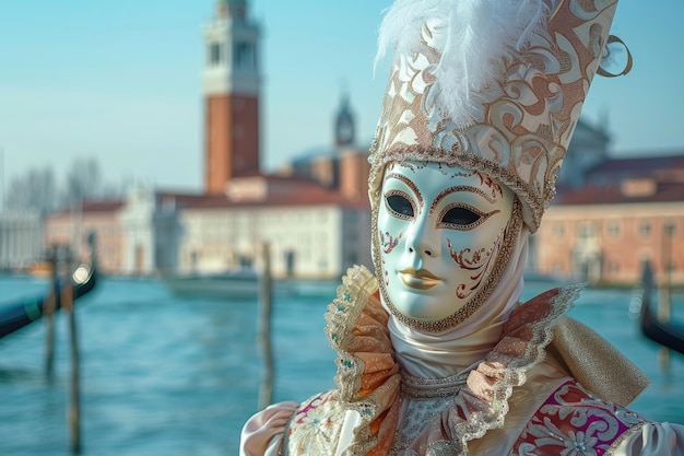 아름다운 드레스와 베네치아 카니발 마스크를 입은 여성