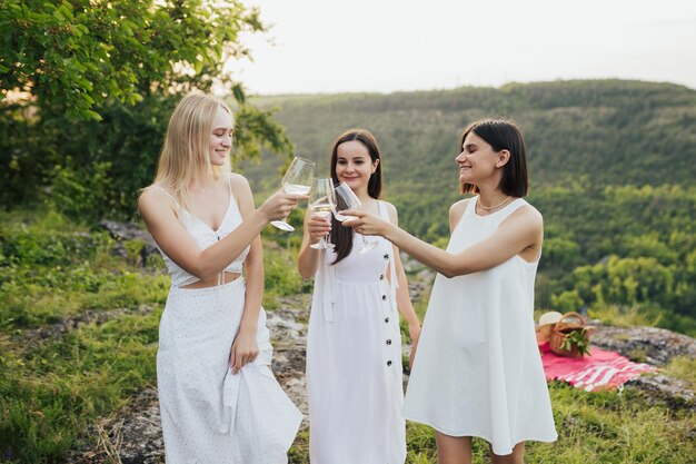 female best friends clinking glasses at picnic