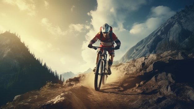 A female bicyclist riding in a mountainous terrain Extreme cycling Cycling sport
