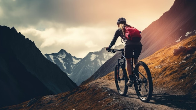 A female bicyclist riding in a mountainous terrain Extreme cycling Cycling sport