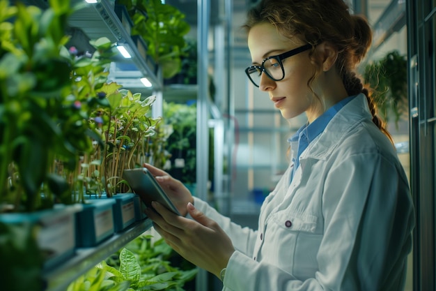 Female Biology Scientist Closely Inspecting and Analyzing Young Growing Crops Farming Engineer