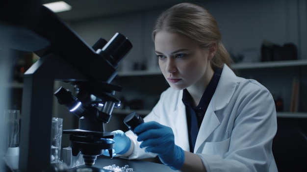 決意を持って研究室で働く白いガウンを着た女性生物医学者 生成AI AIG21