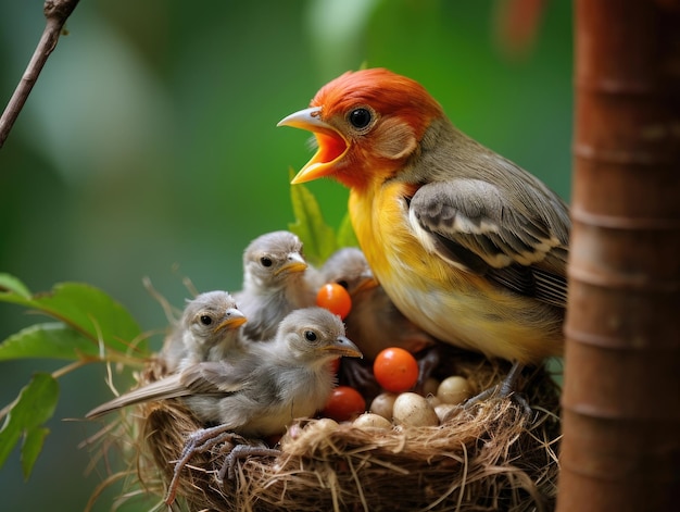 The female bird with the chicks