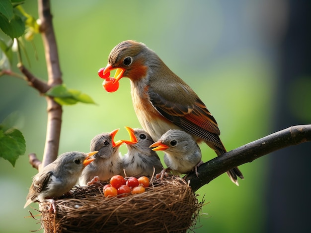 The female bird with the chicks