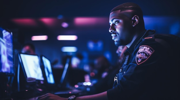 制服を着た黒人女性警察官が警察署でコンピューターで報告書をレビューしている