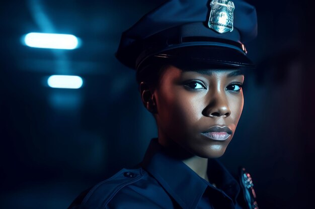 Female black police Portrait photo of African policewoman in uniform cap Generate ai