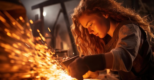 Female blacksmith forging metal sparks flying