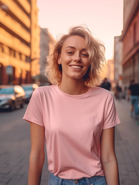 Female in blank pink tshirt mockup