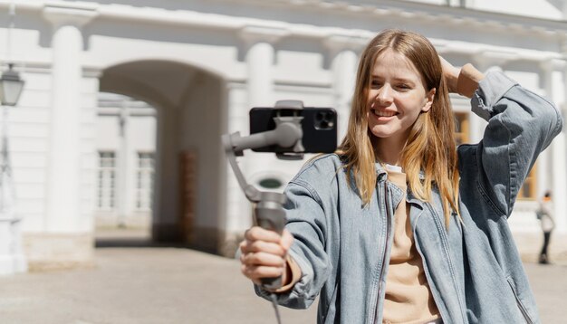 A female blogger enjoys a video call on the internet