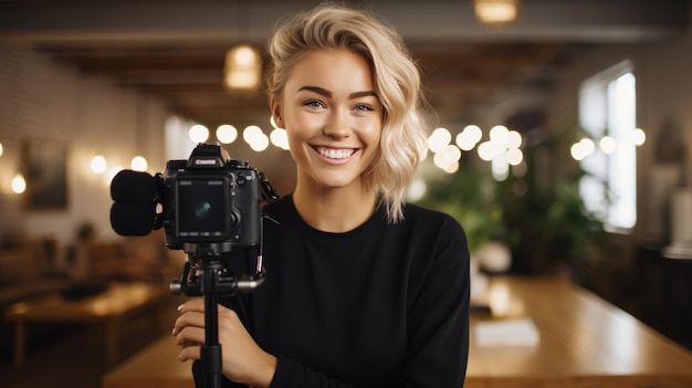 Female blogger recording a video