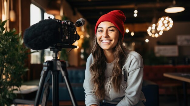 Photo female blogger recording a video