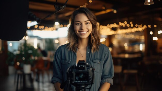 Photo female blogger recording a video