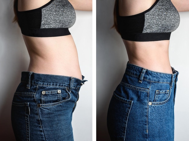 Female body before and after weight loss diet concept Woman is measuring belly and legs in jeans Side view