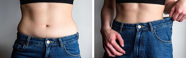 Female body before and after weight loss diet concept Woman is measuring belly and legs in jeans