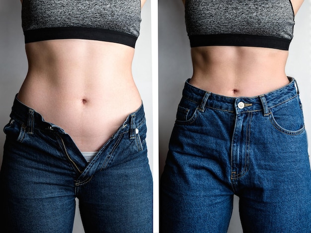 Female body before and after weight loss diet concept Woman is measuring belly and legs in jeans