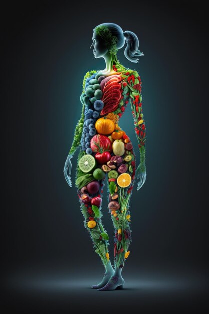 新鮮な健康野菜で構成された女性の体 世界健康デーのコンセプトの背景