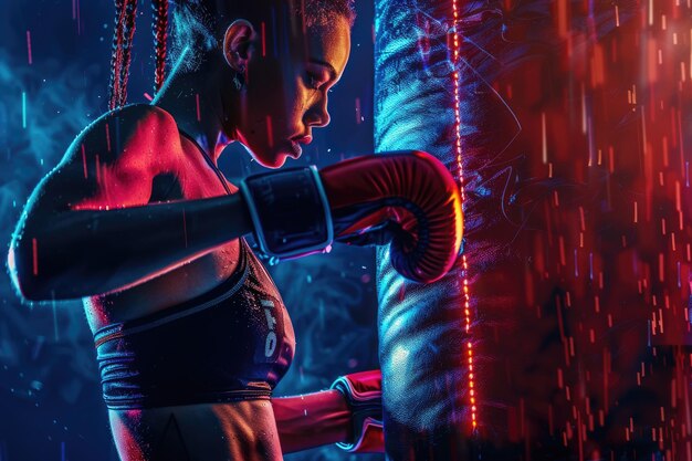 Photo female boxer in boxing gloves kicking a punching bag in red blue neon light over dark background