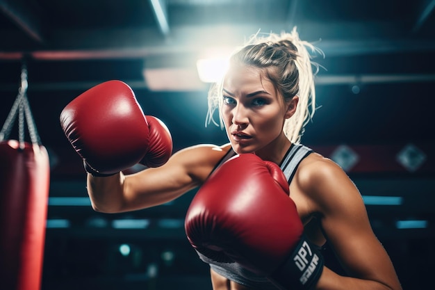 Female boxer hitting a huge punching bag at a boxing studio Sport match Generative ai