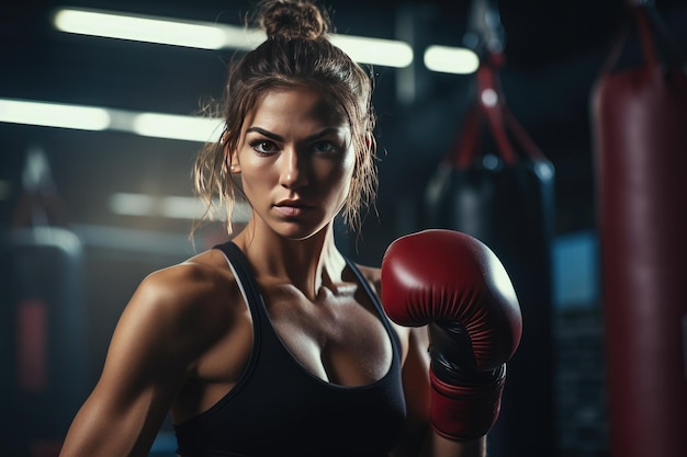 Photo female boxer hitting a huge punching bag at a boxing studio sport match generative ai