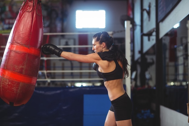 Female boxer practicing boxing with punching bag