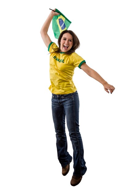 Female brazilian fan celebrating on a white space.