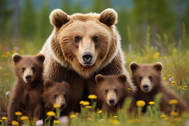 Photo female brown bear and her cubs