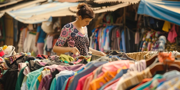 Female browsing garments at a secondhand market