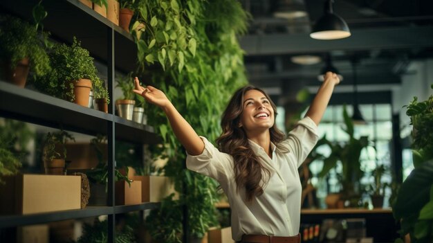 Foto una donna imprenditrice che celebra i risultati ecologici della sua azienda