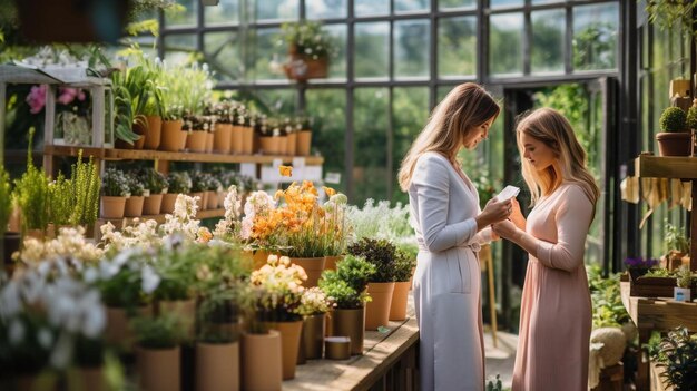 Female business owners checking vase inventory in garden shop