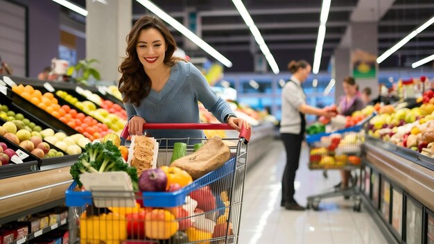 Female buying food at supermarket grocery store