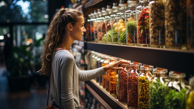 Foto femmina che compra frutta fresca nel negozio di alimentari