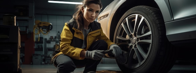 Photo female car mechanic working in garage and changing wheel alloy tire repair or maintenance auto service