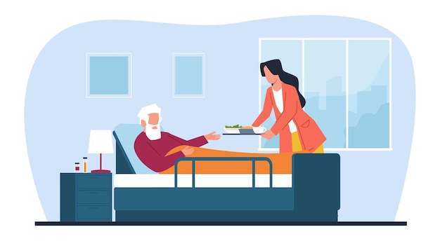 female caregiver gives food to elderly man in bed helps disabled man with daily chores nurses or volunteers help patient in clinic or hospice cartoon flat isolated vector concept
