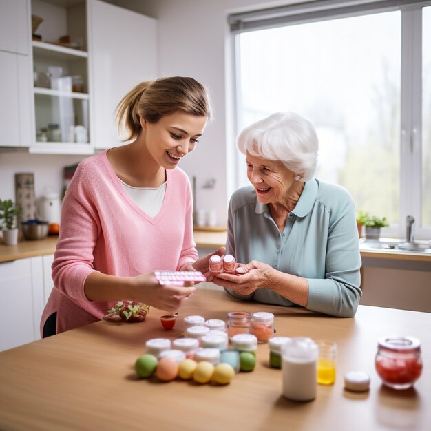 Female caregiver giving pills to senior woman in kitchen with generative Ai