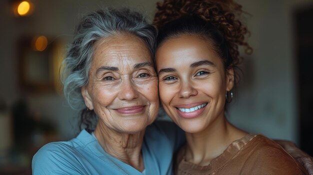 Photo a female caregiver stands arm in arm with an elderly woman against a wall smiling