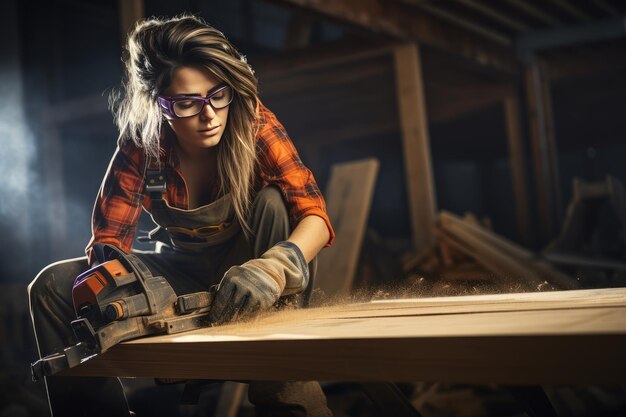 Foto falegname donna che indossa occhiali e guanti guardando un pezzo di legno