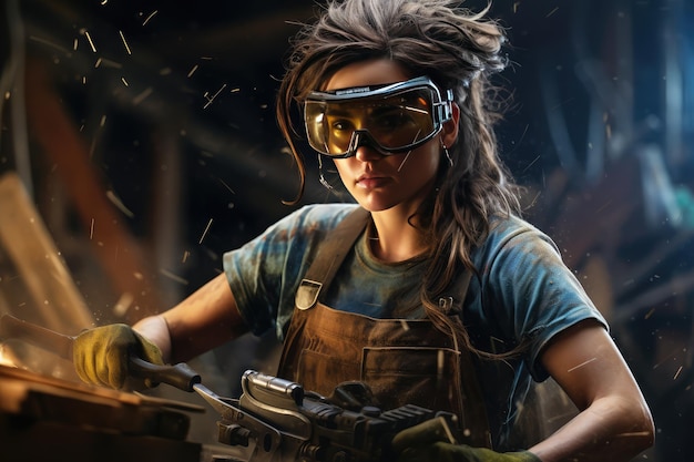 Female carpenter with safety glasses and tool