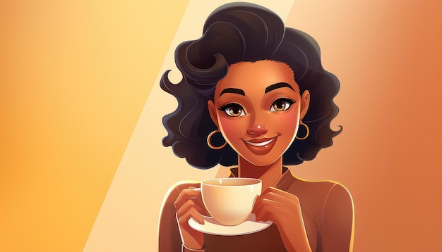 female cartoon character who is holding her coffee from a cup